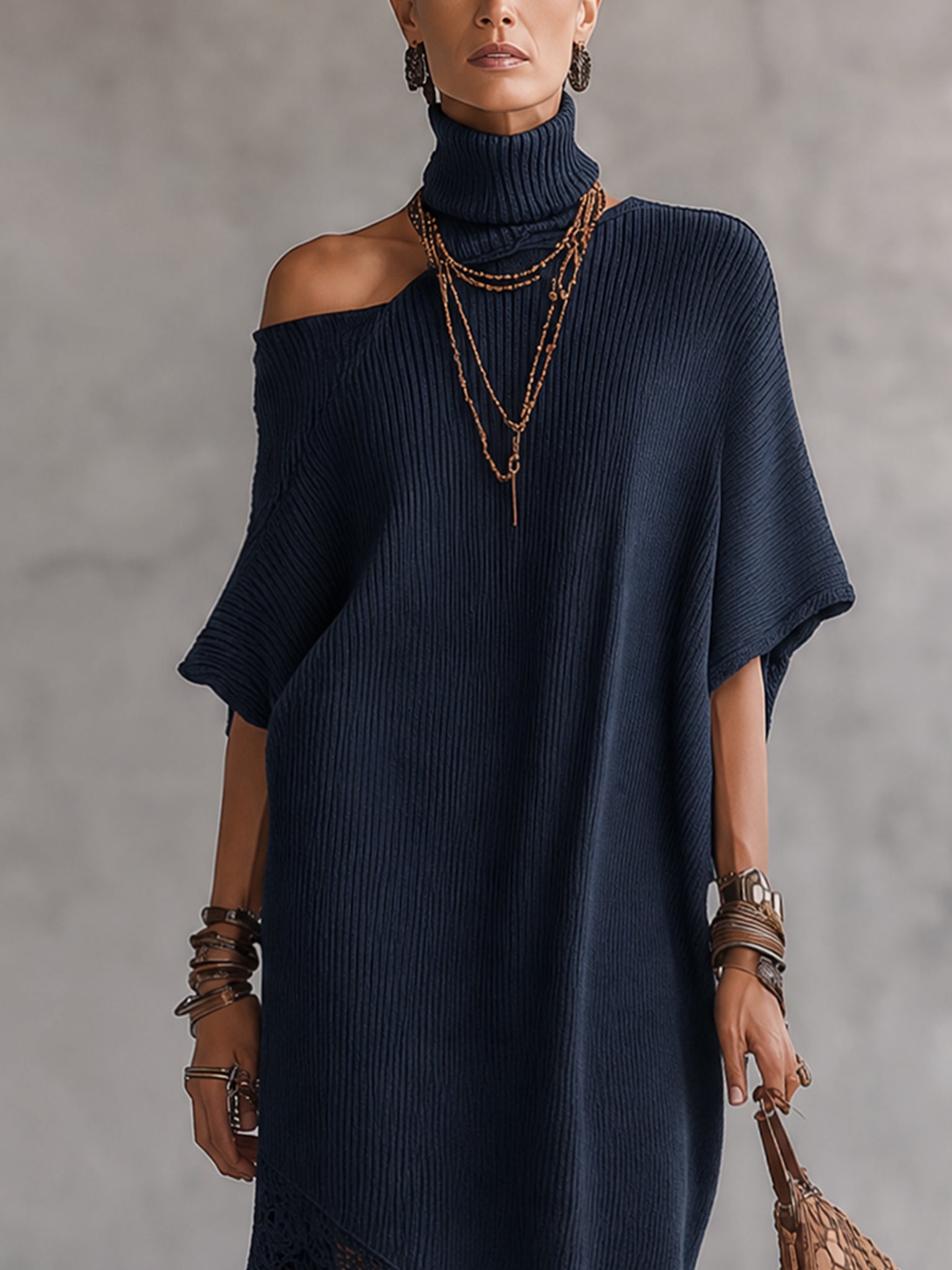 Blue Asymmetrical Off Shoulder Knit Maxi Dress