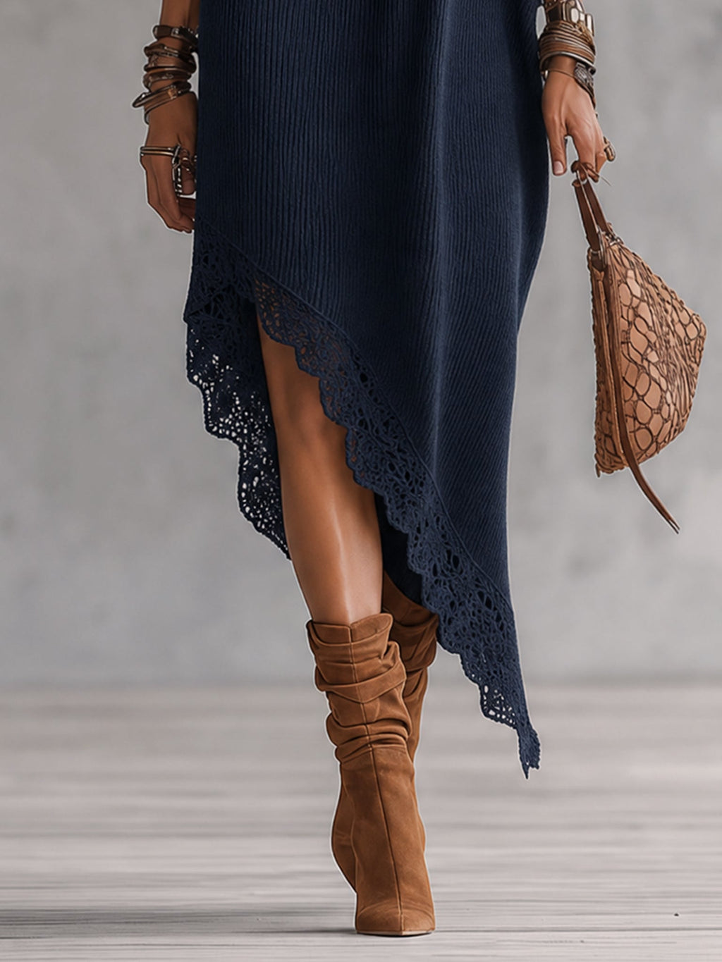 Blue Asymmetrical Off Shoulder Knit Maxi Dress