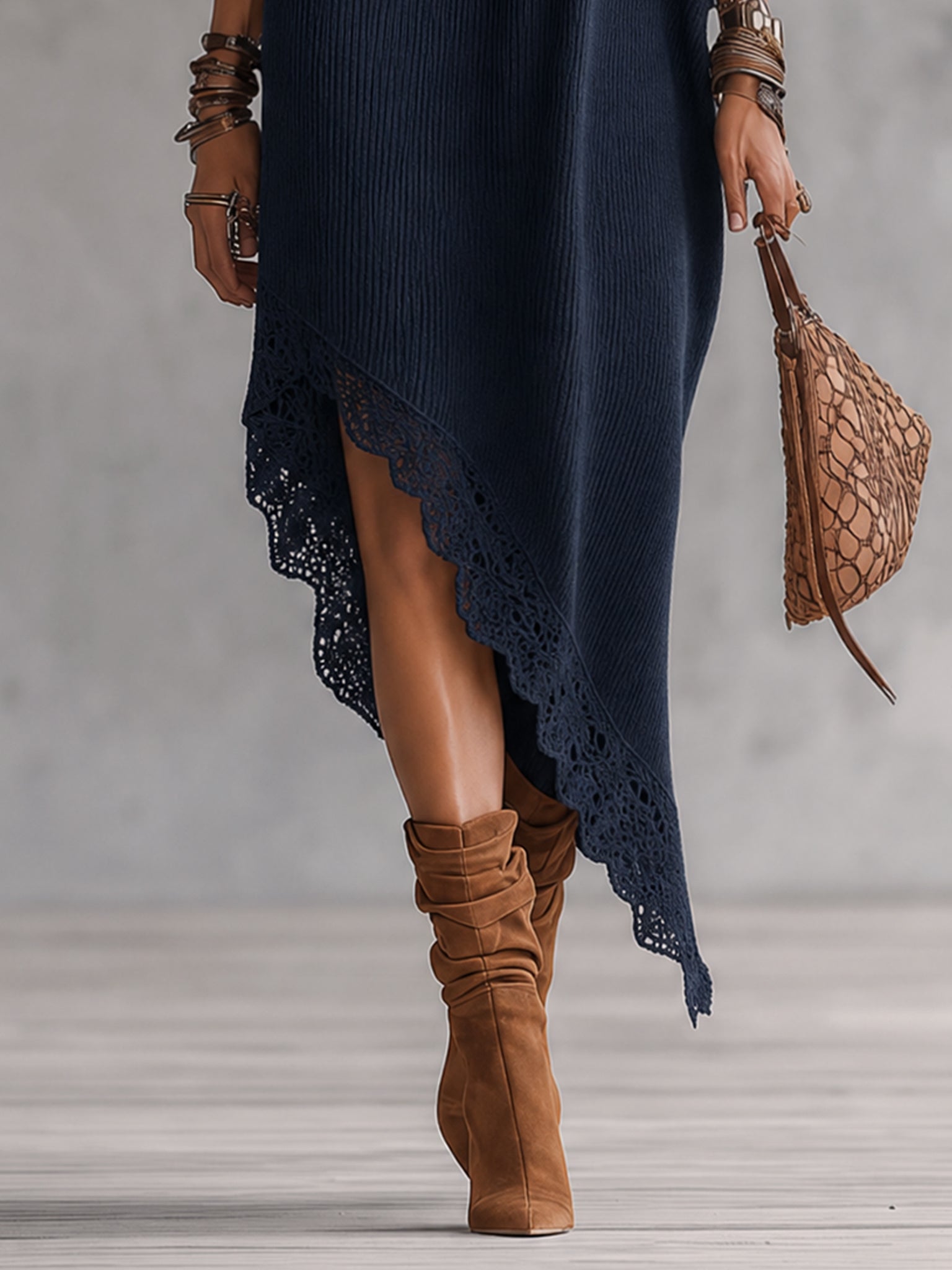 Blue Asymmetrical Off Shoulder Knit Maxi Dress