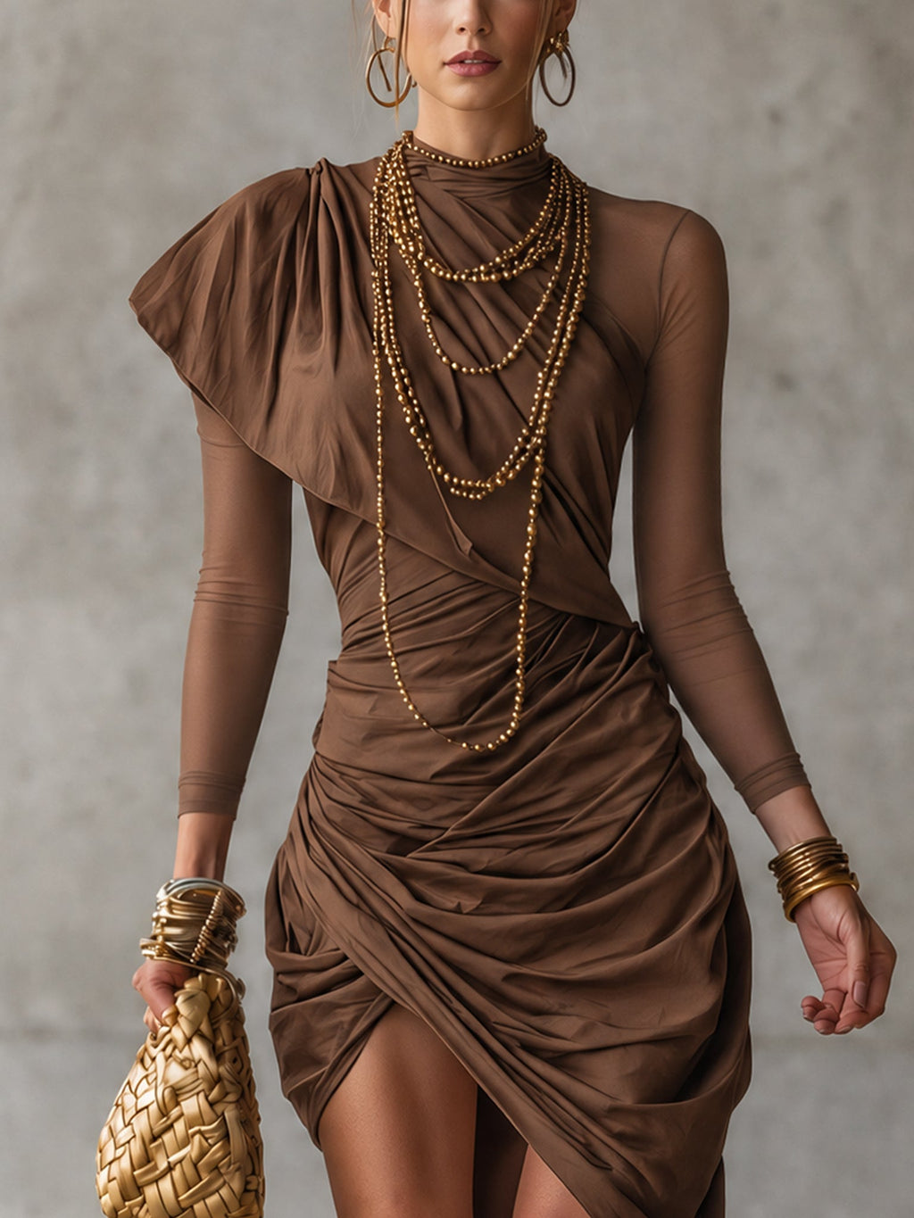 Brown Stretch Cotton Blend Bodycon Dress