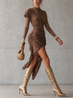 Brown Stretch Cotton Blend Bodycon Dress