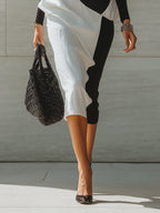 Black And White Color Block Stretch Linen Midi Dress