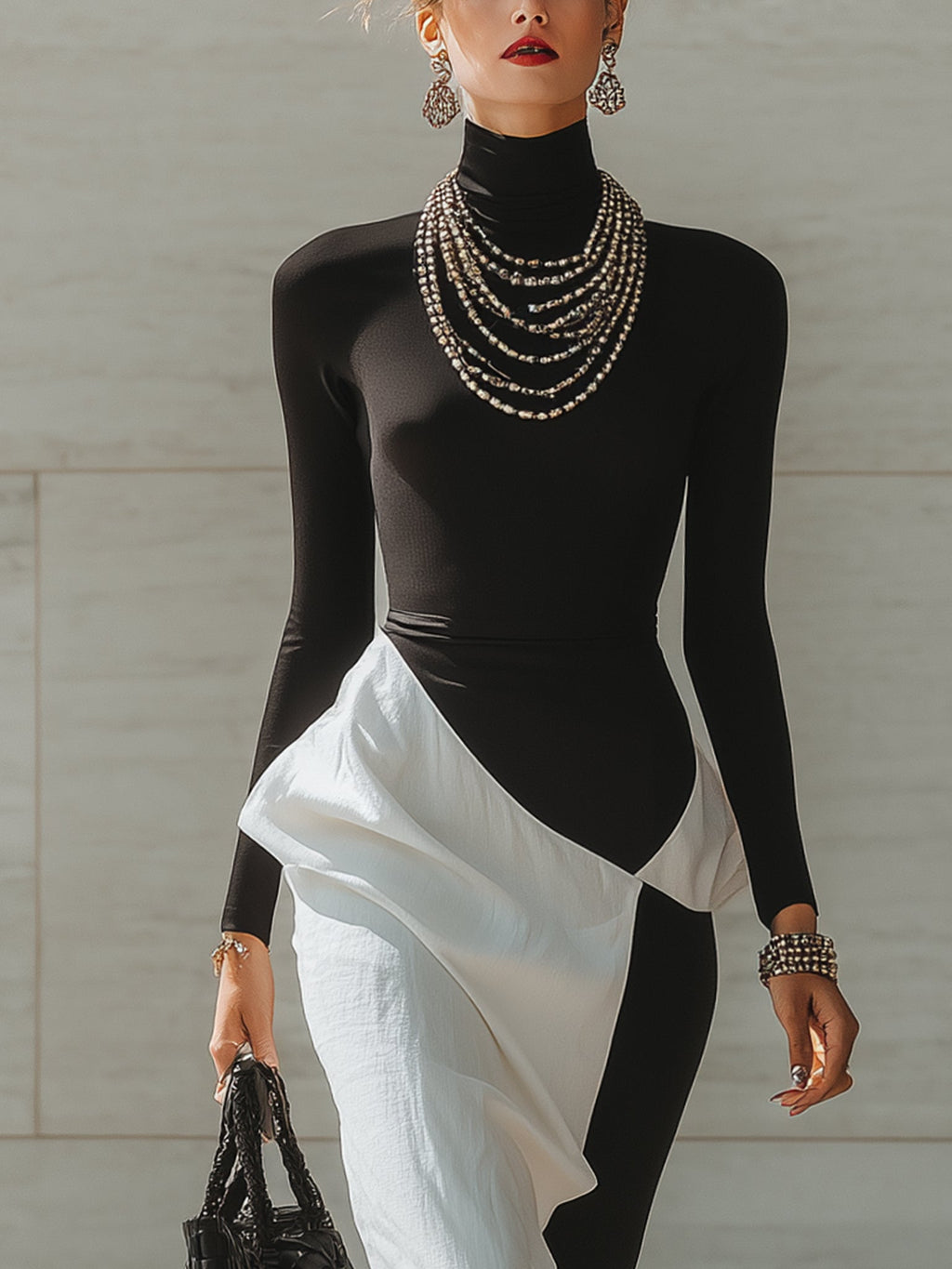 Black And White Color Block Stretch Linen Midi Dress