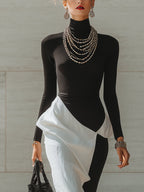 Black And White Color Block Stretch Linen Midi Dress