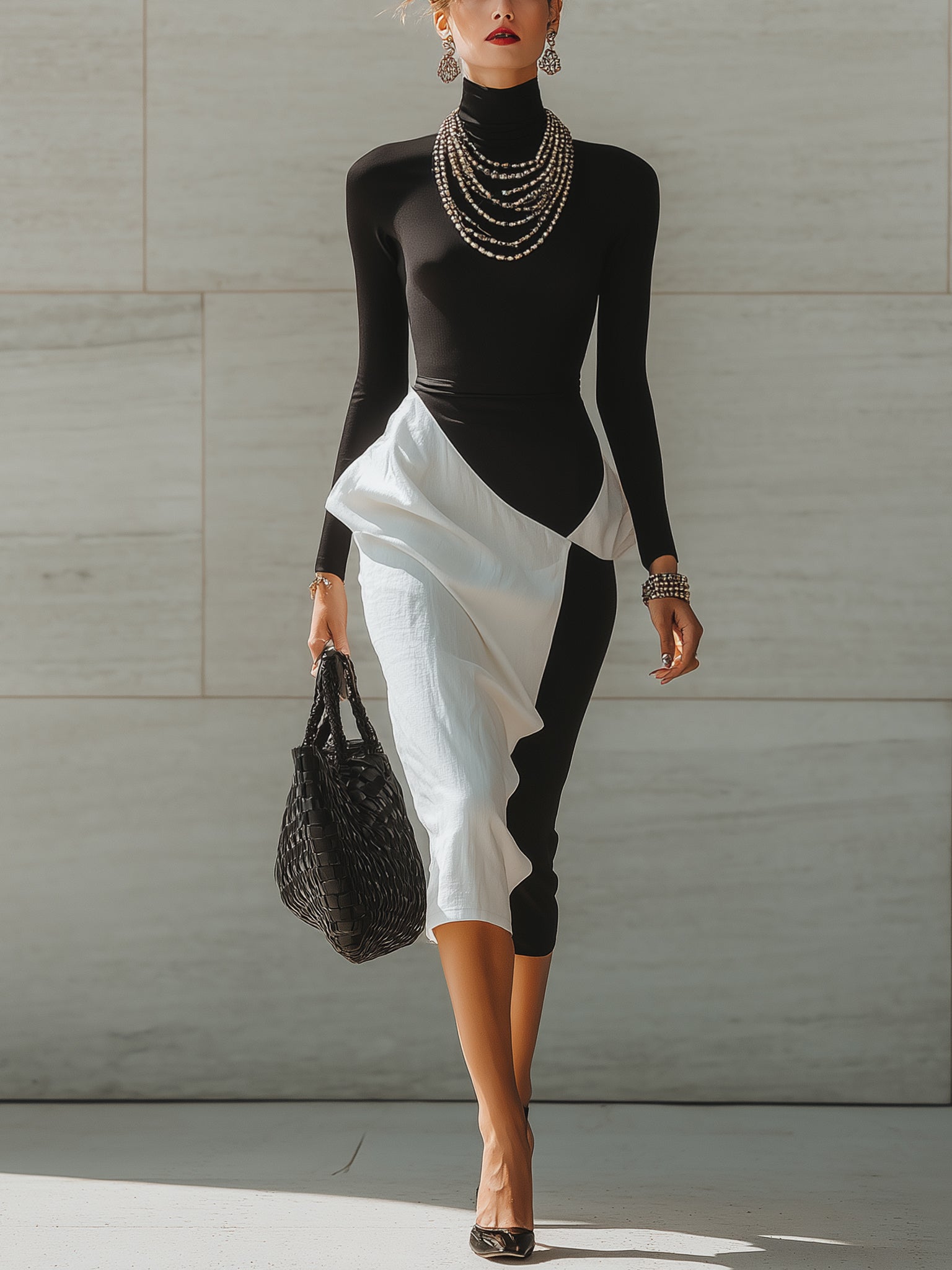 Black And White Color Block Stretch Linen Midi Dress