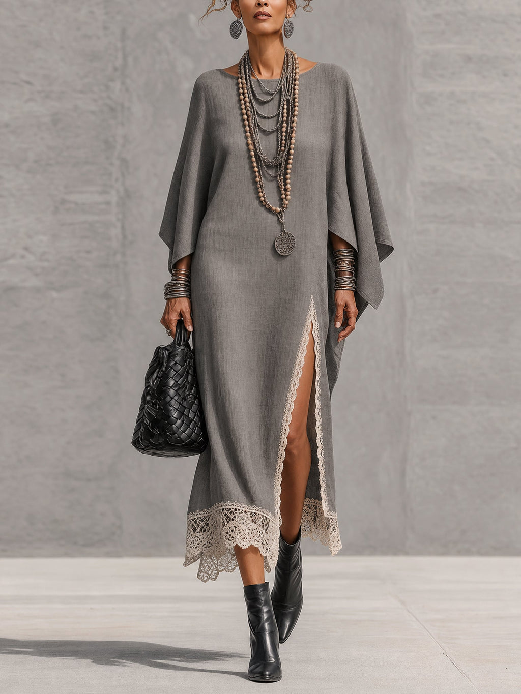 Gray Linen Blend Asymmetrical Long Sleeve Maxi Dress With Lace