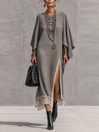 Gray Linen Blend Asymmetrical Long Sleeve Maxi Dress With Lace