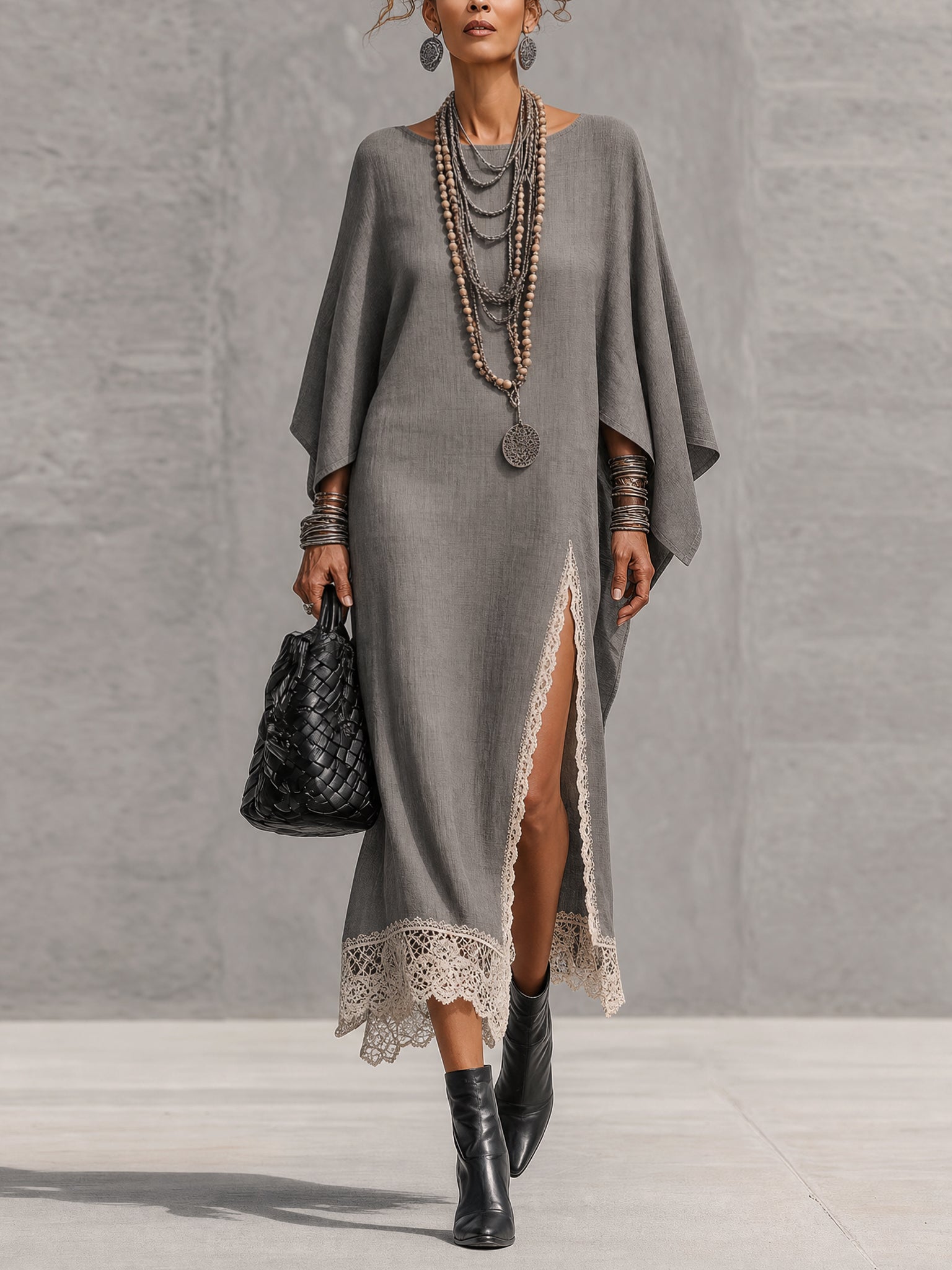 Gray Linen Blend Asymmetrical Long Sleeve Maxi Dress With Lace
