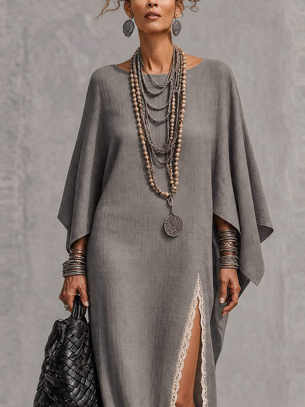 Gray Linen Blend Asymmetrical Long Sleeve Maxi Dress With Lace
