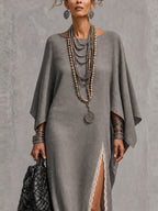 Gray Linen Blend Asymmetrical Long Sleeve Maxi Dress With Lace