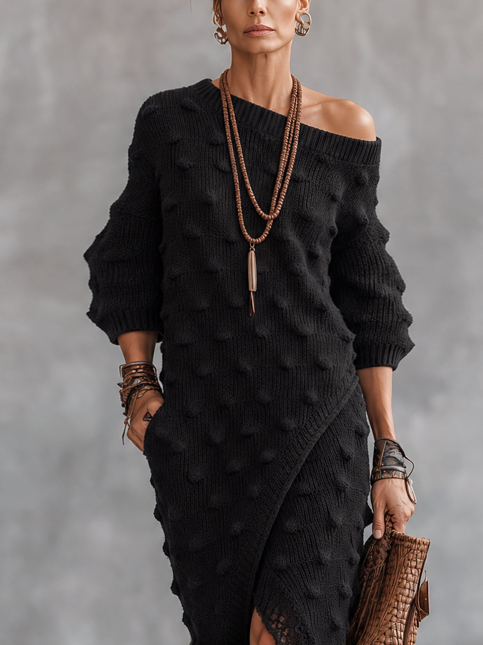 Black Textured Off Shoulder Knit Maxi Dress
