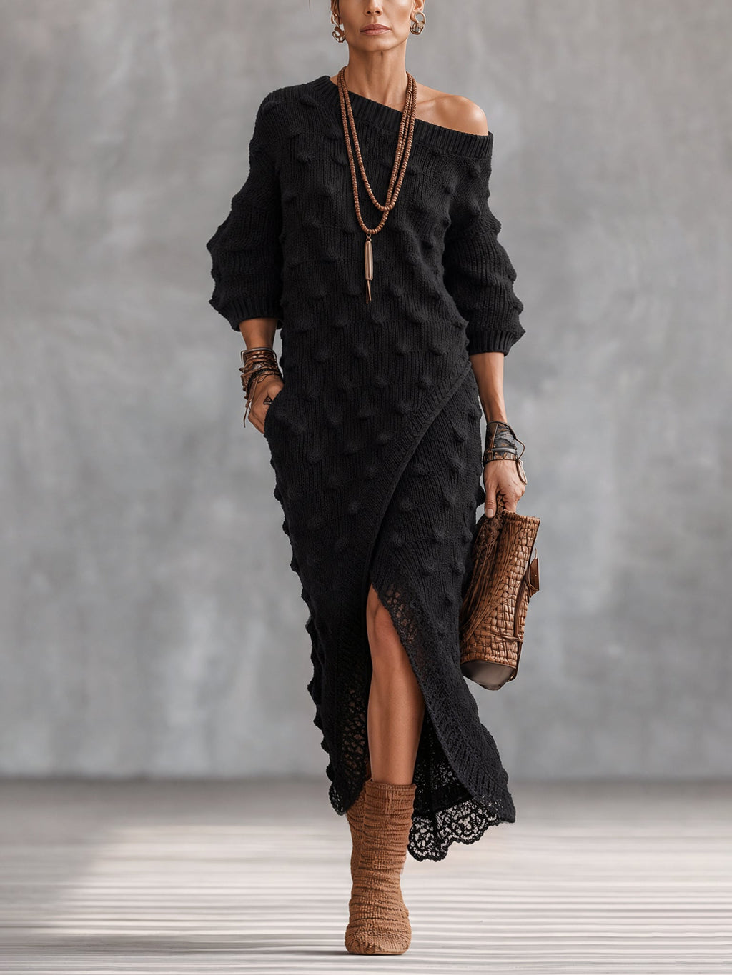 Black Textured Off Shoulder Knit Maxi Dress