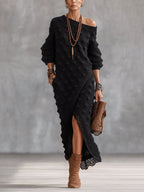 Black Textured Off Shoulder Knit Maxi Dress