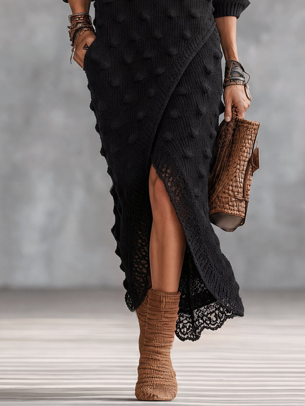 Black Textured Off Shoulder Knit Maxi Dress