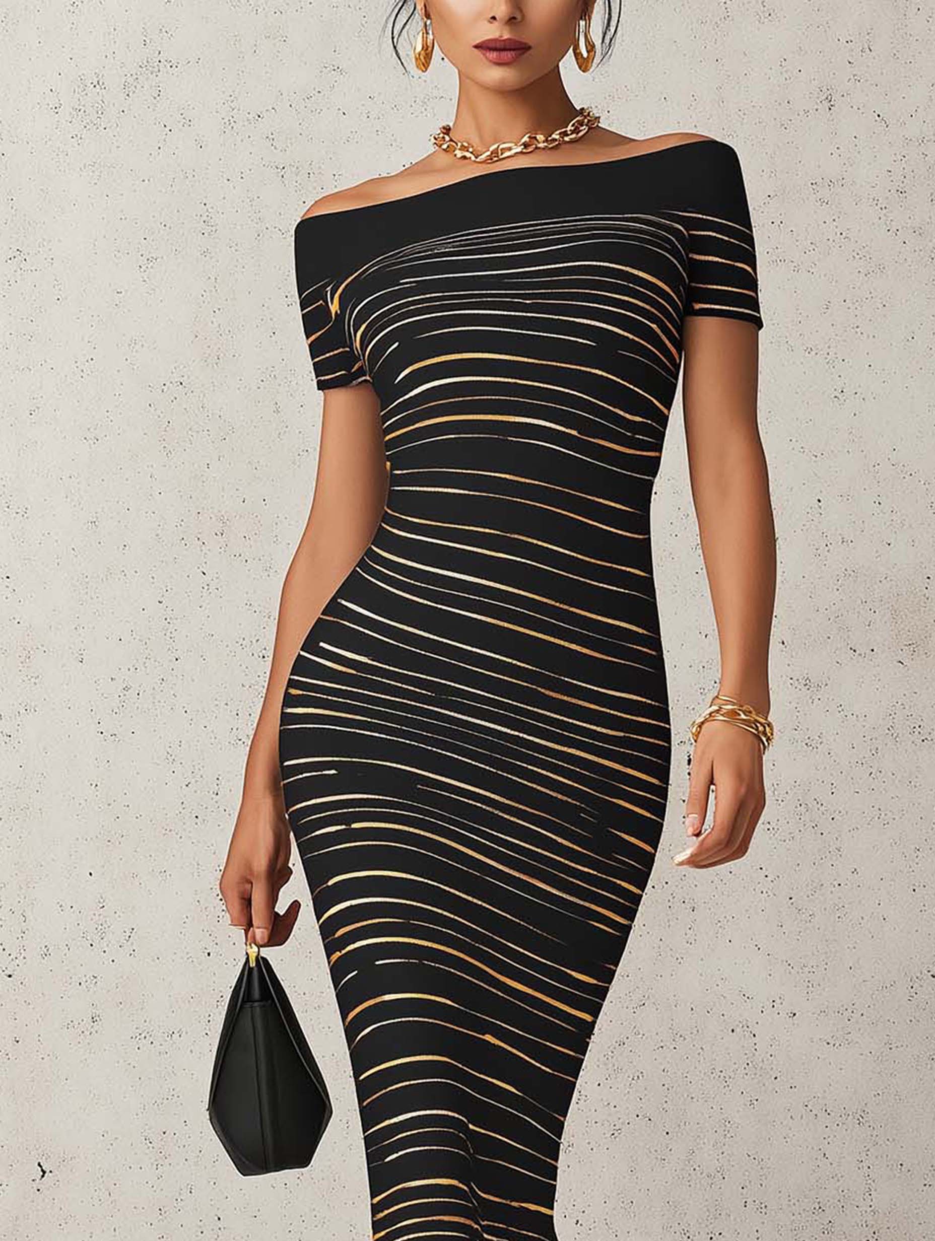 Black And Gold Stripe Off-Shoulder Bodycon Maxi Dress