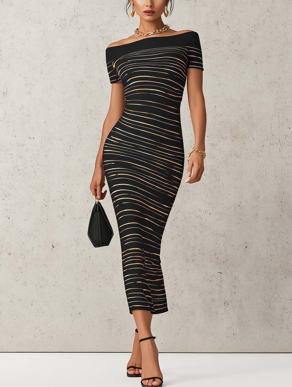 Black And Gold Stripe Off-Shoulder Bodycon Maxi Dress