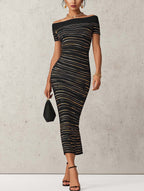 Black And Gold Stripe Off-Shoulder Bodycon Maxi Dress