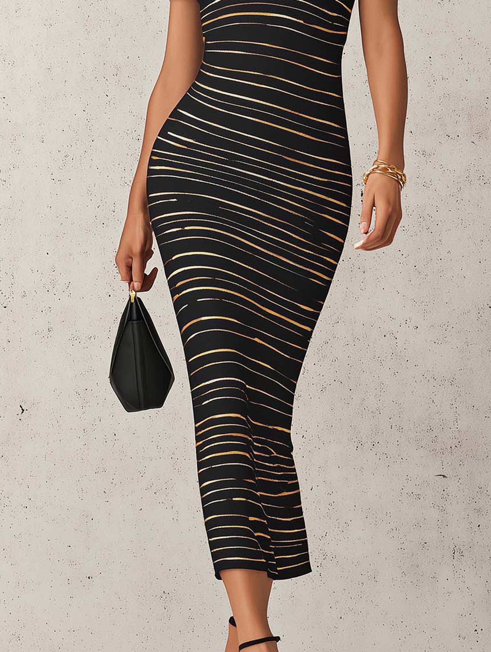 Black And Gold Stripe Off-Shoulder Bodycon Maxi Dress