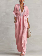 Blush Pink Linen Blend Patchwork Maxi Dress With Deep V-Neck