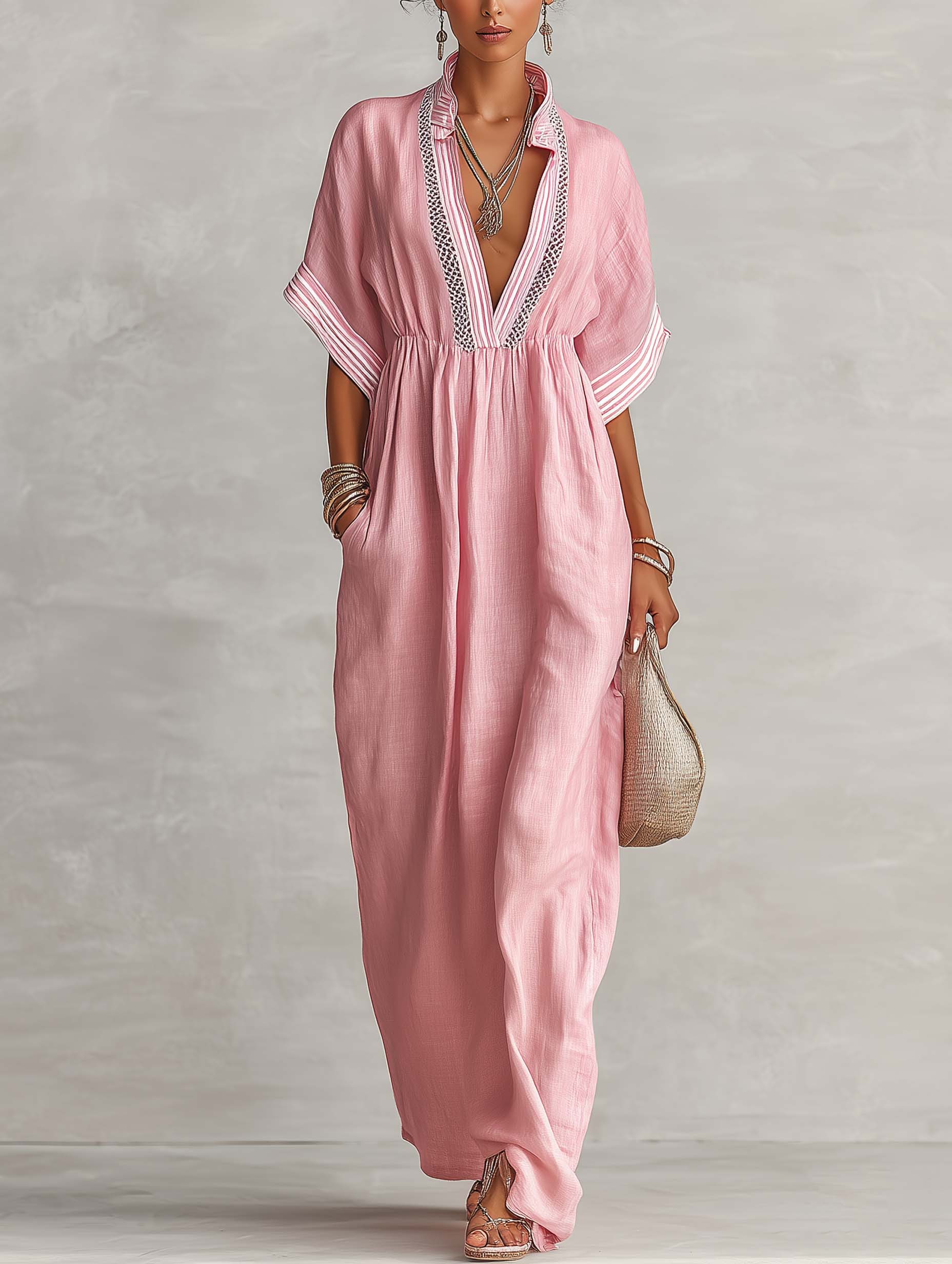 Blush Pink Linen Blend Patchwork Maxi Dress With Deep V-Neck