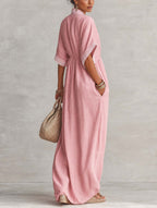 Blush Pink Linen Blend Patchwork Maxi Dress With Deep V-Neck