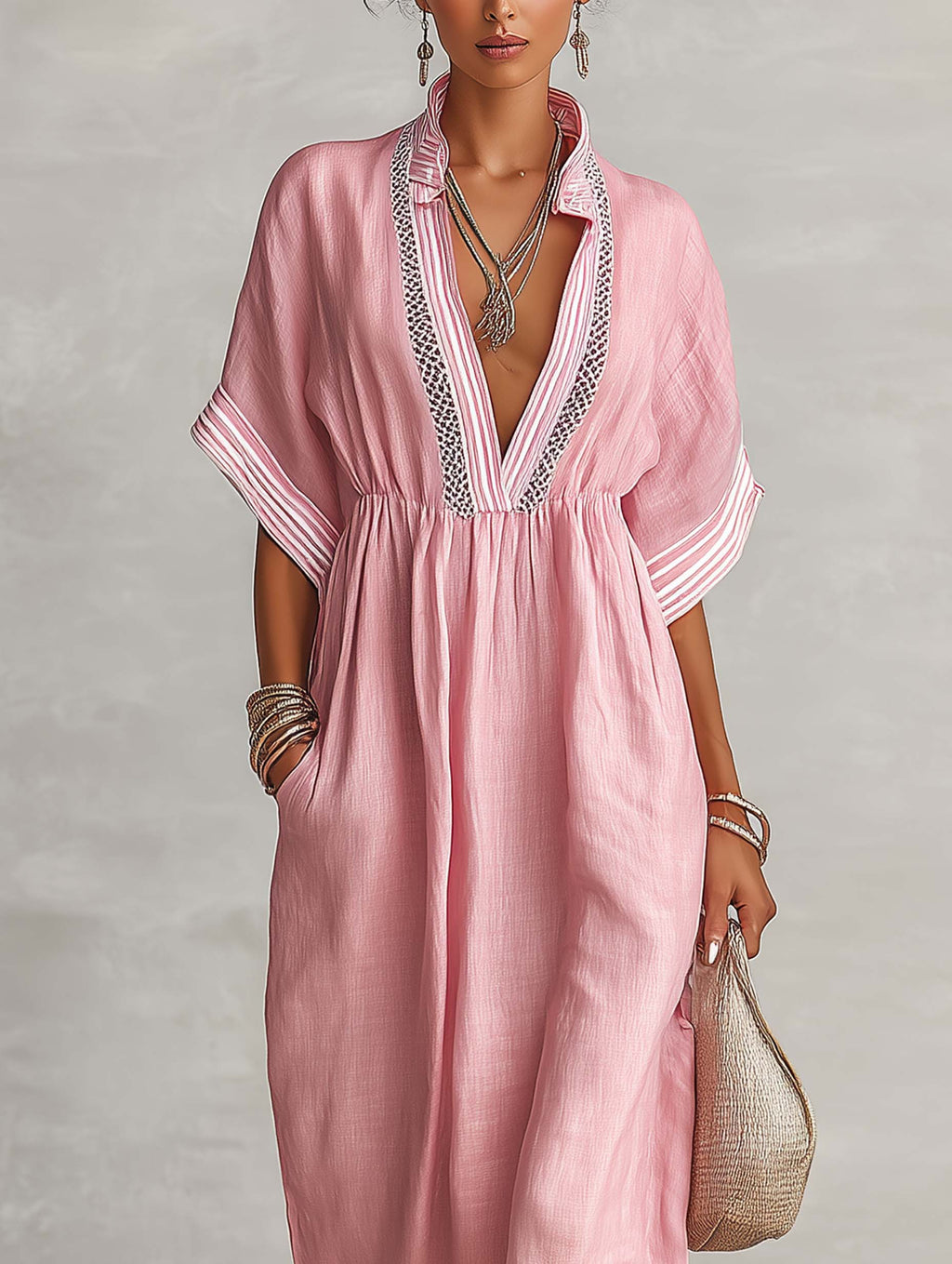 Blush Pink Linen Blend Patchwork Maxi Dress With Deep V-Neck