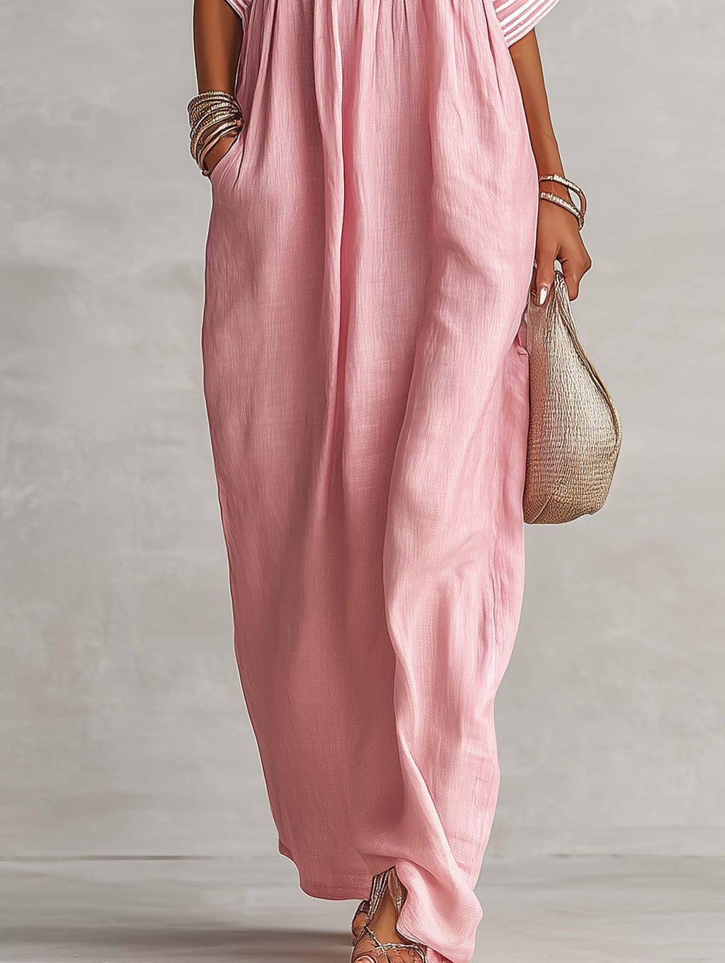 Blush Pink Linen Blend Patchwork Maxi Dress With Deep V-Neck