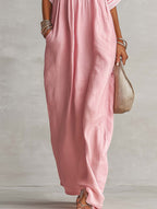 Blush Pink Linen Blend Patchwork Maxi Dress With Deep V-Neck
