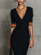 Black V-Neck Ribbed Knit Midi Dress With Contrast Sleeve Trim