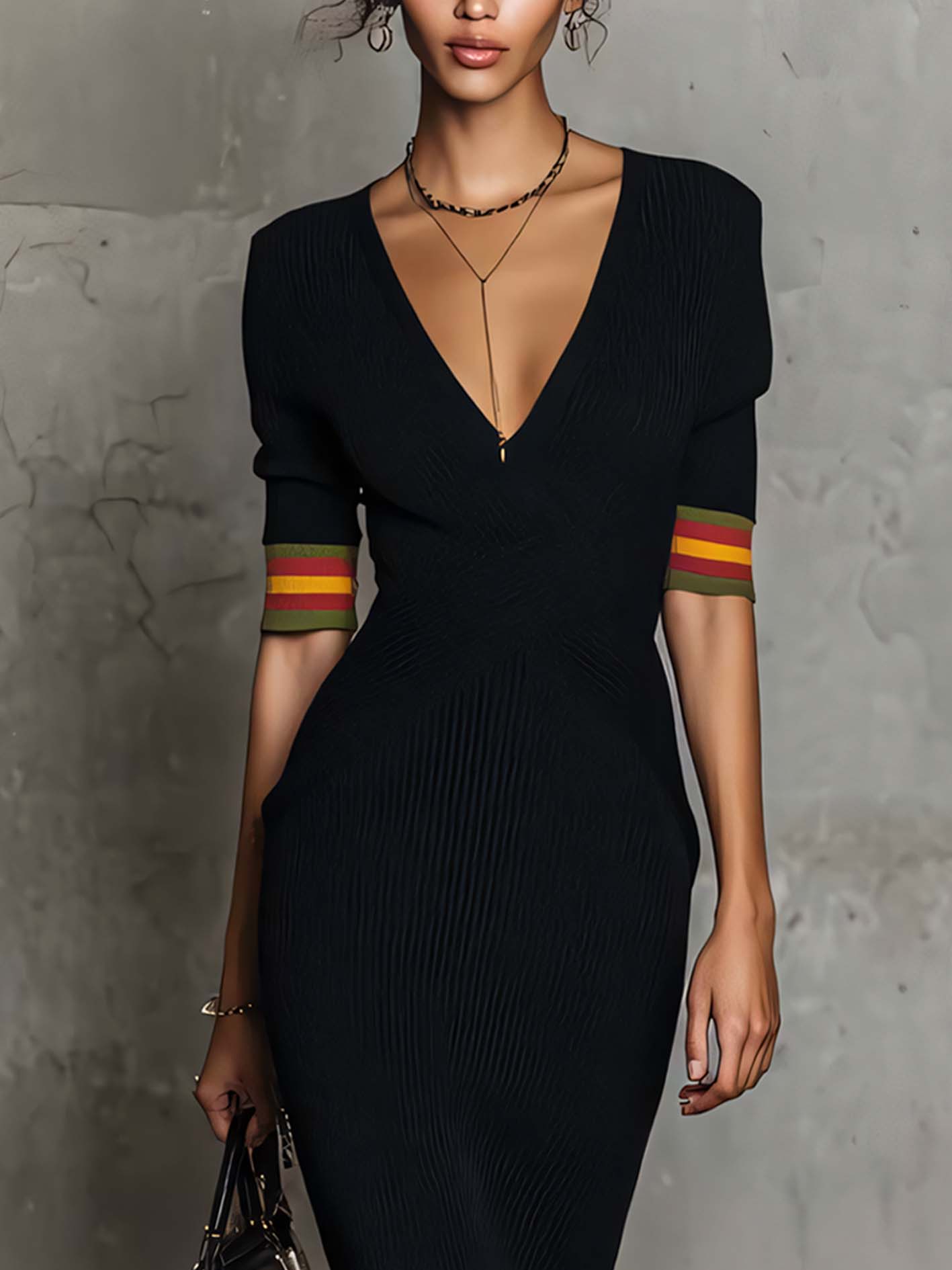 Black V-Neck Ribbed Knit Midi Dress With Contrast Sleeve Trim