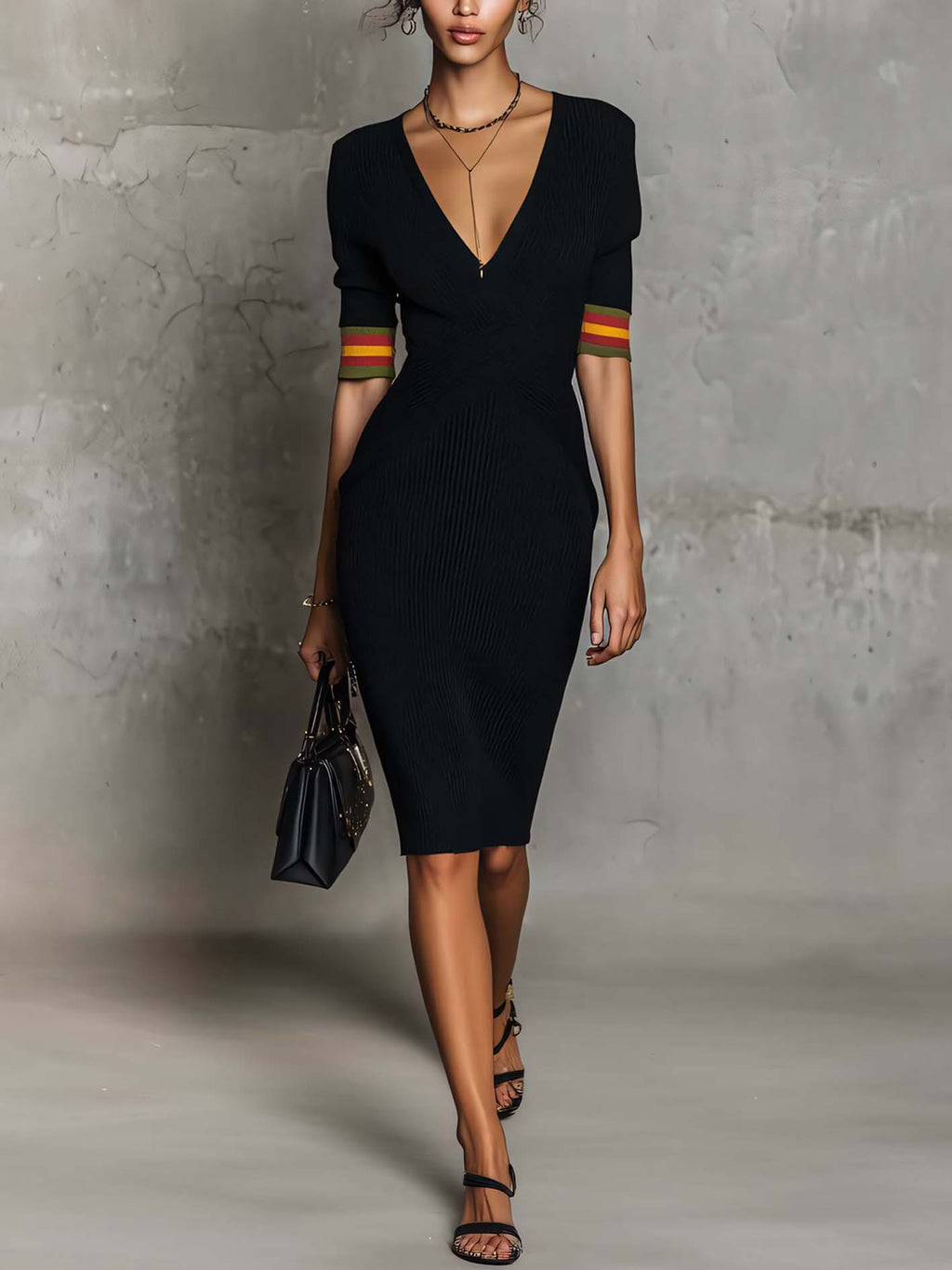Black V-Neck Ribbed Knit Midi Dress With Contrast Sleeve Trim