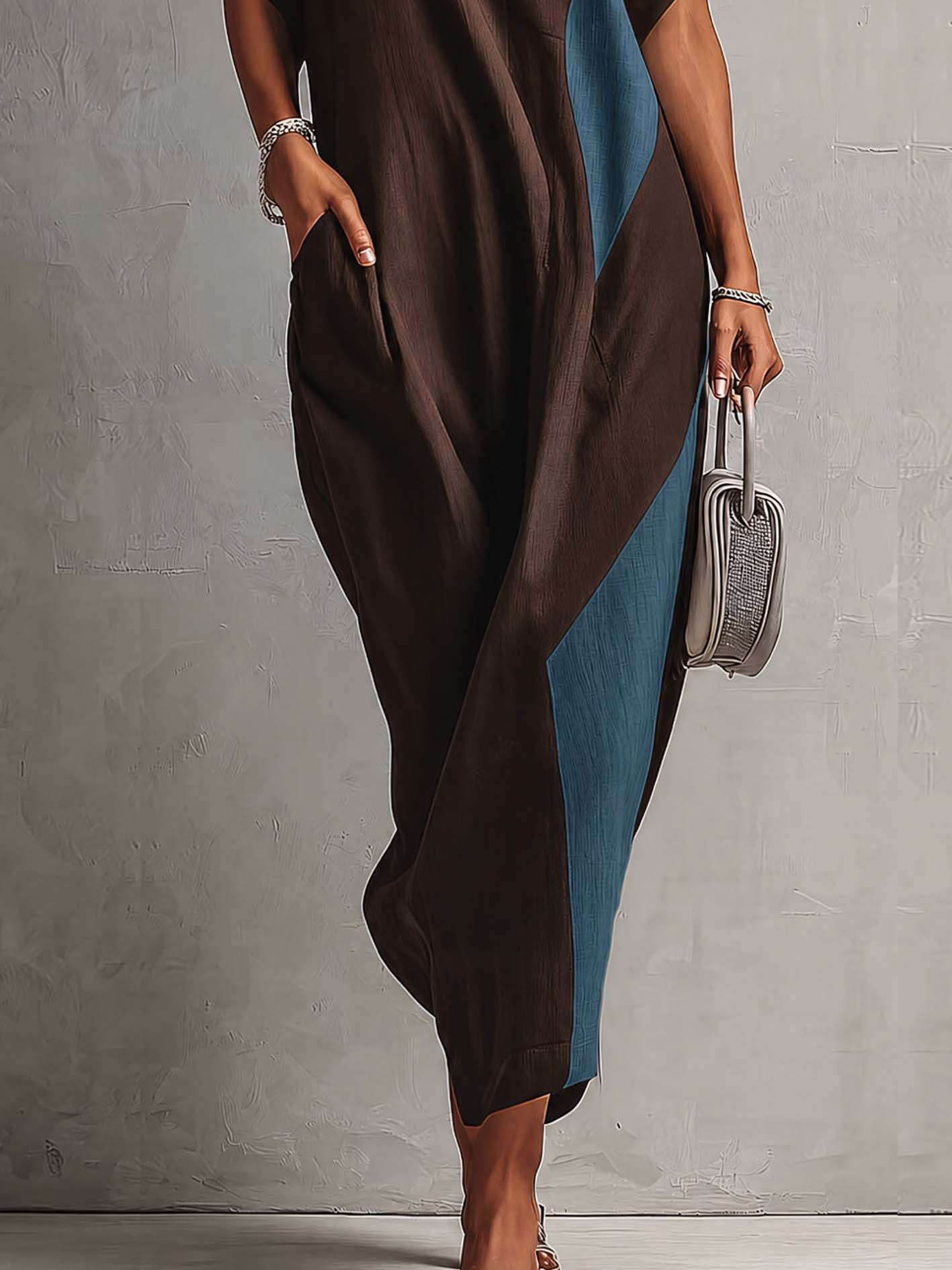 Brown And Teal Color Block Linen Blend Maxi Dress With Pockets