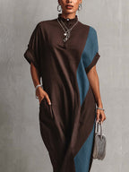 Brown And Teal Color Block Linen Blend Maxi Dress With Pockets