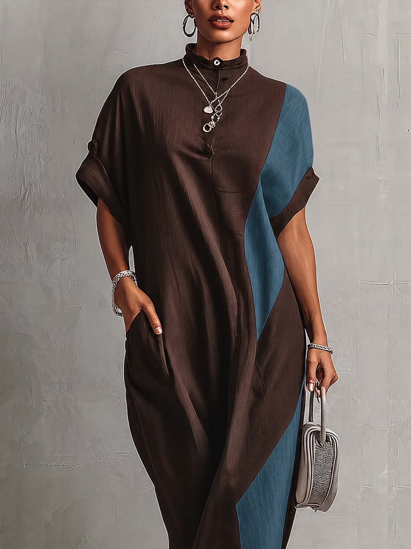Brown And Teal Color Block Linen Blend Maxi Dress With Pockets