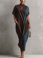 Brown And Teal Color Block Linen Blend Maxi Dress With Pockets