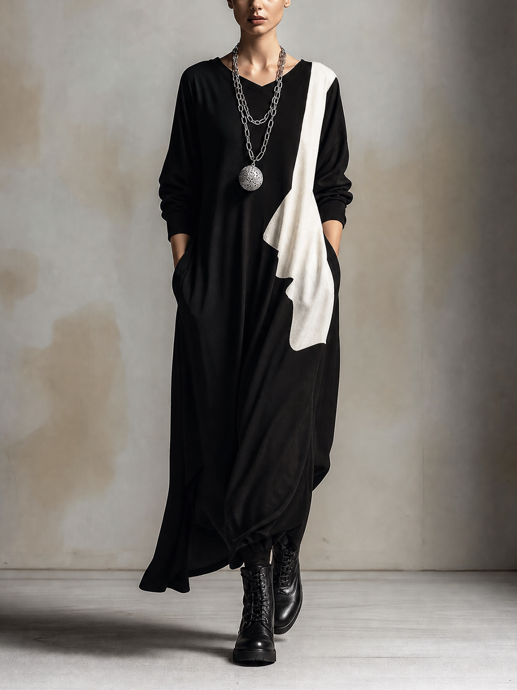 Black And Off-White Asymmetrical Print Draped Maxi Dress