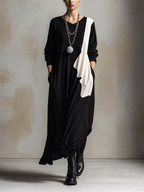 Black And Off-White Asymmetrical Print Draped Maxi Dress