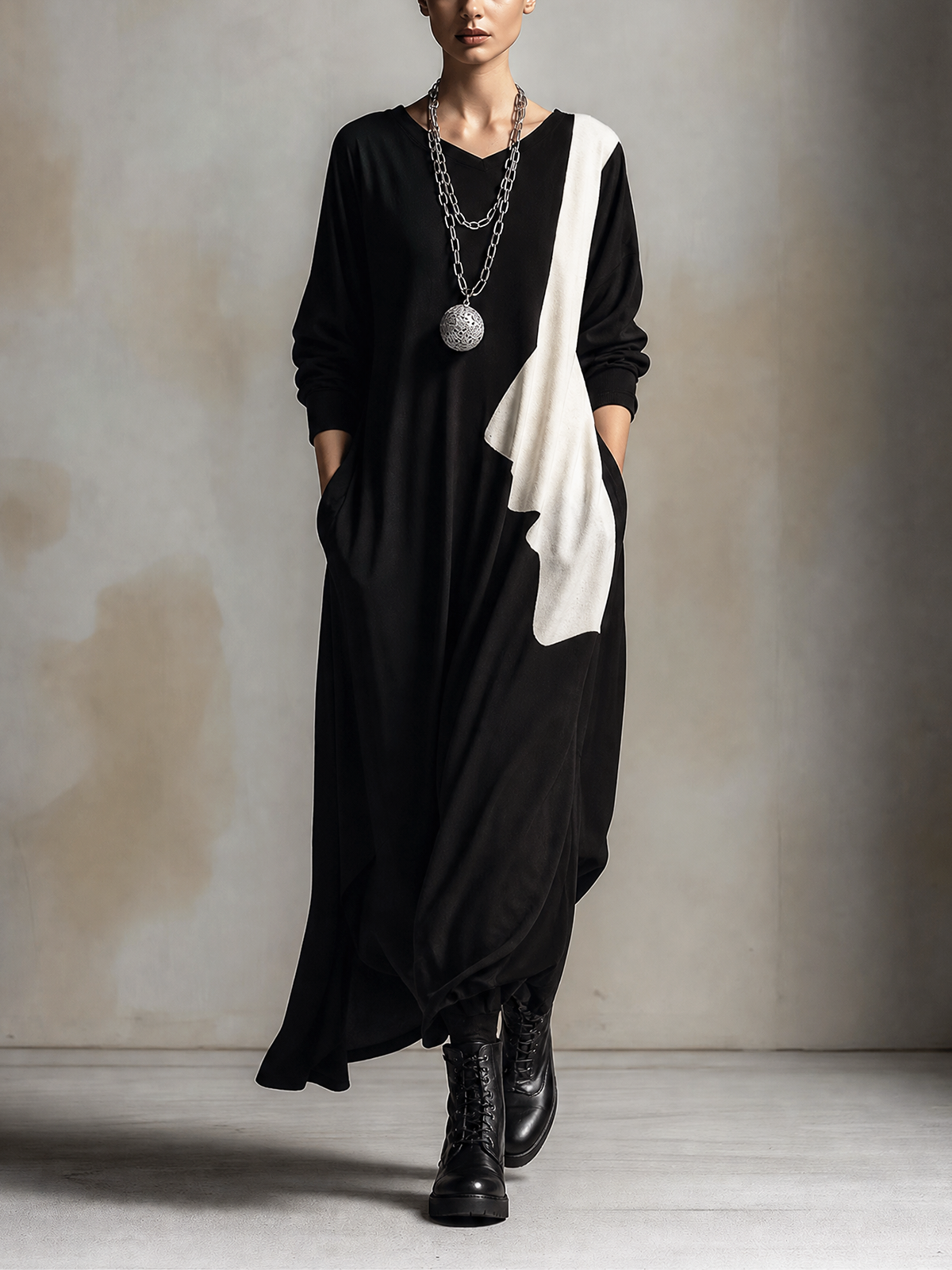 Black And Off-White Asymmetrical Print Draped Maxi Dress