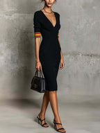 Black V-Neck Ribbed Knit Midi Dress With Contrast Sleeve Trim