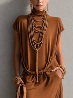 Caramel Short Sleeve Knit Midi Dress