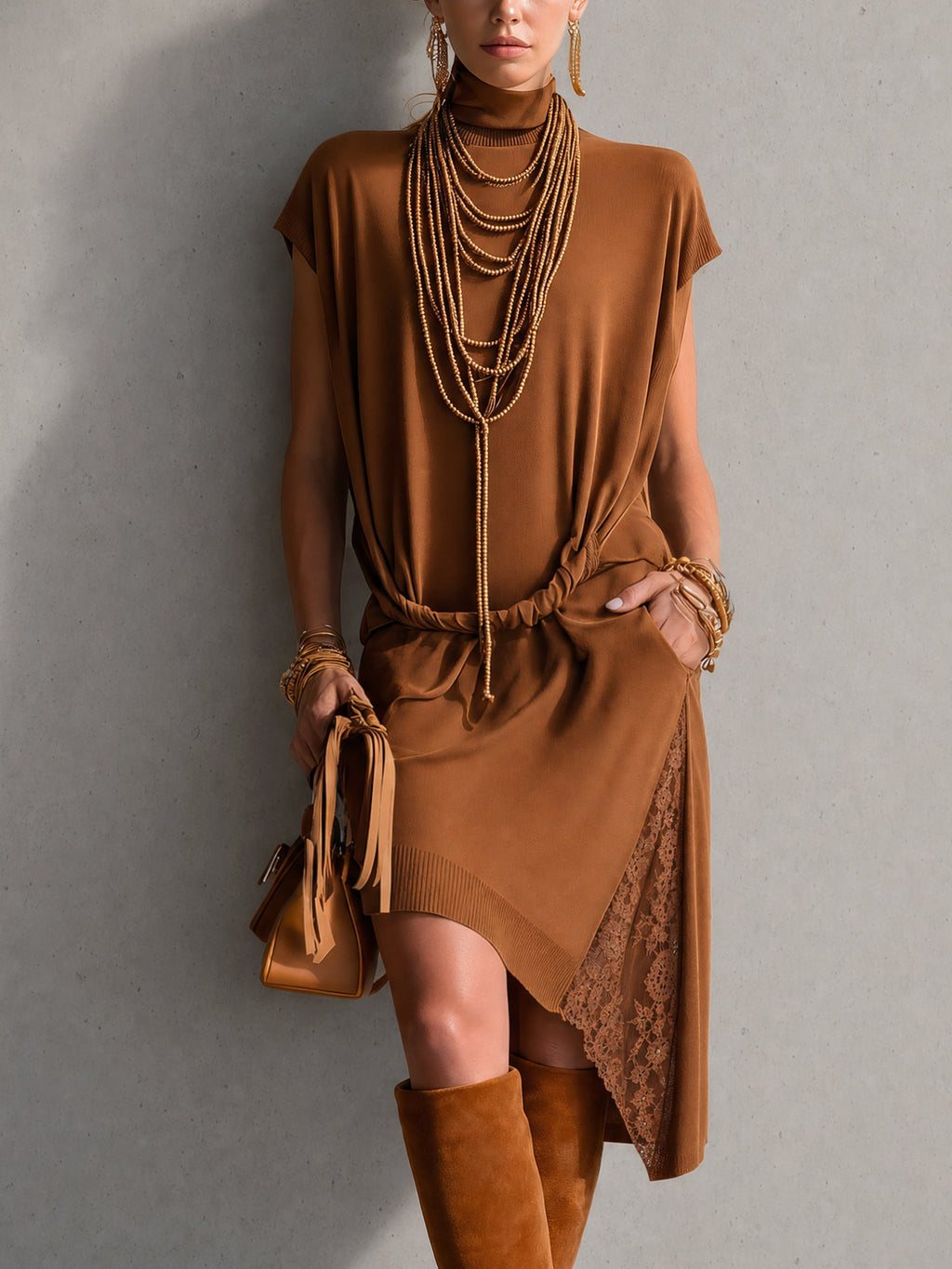 Caramel Short Sleeve Knit Midi Dress
