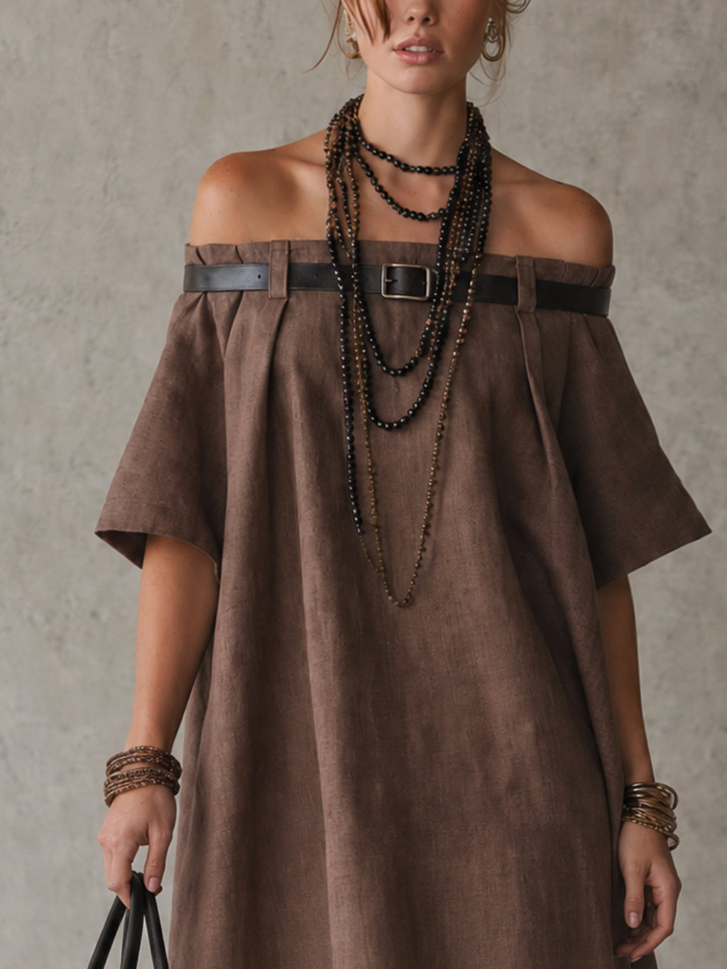 Brown Linen Blend Off Shoulder Mini Dress With Belt