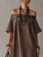 Brown Linen Blend Off Shoulder Mini Dress With Belt