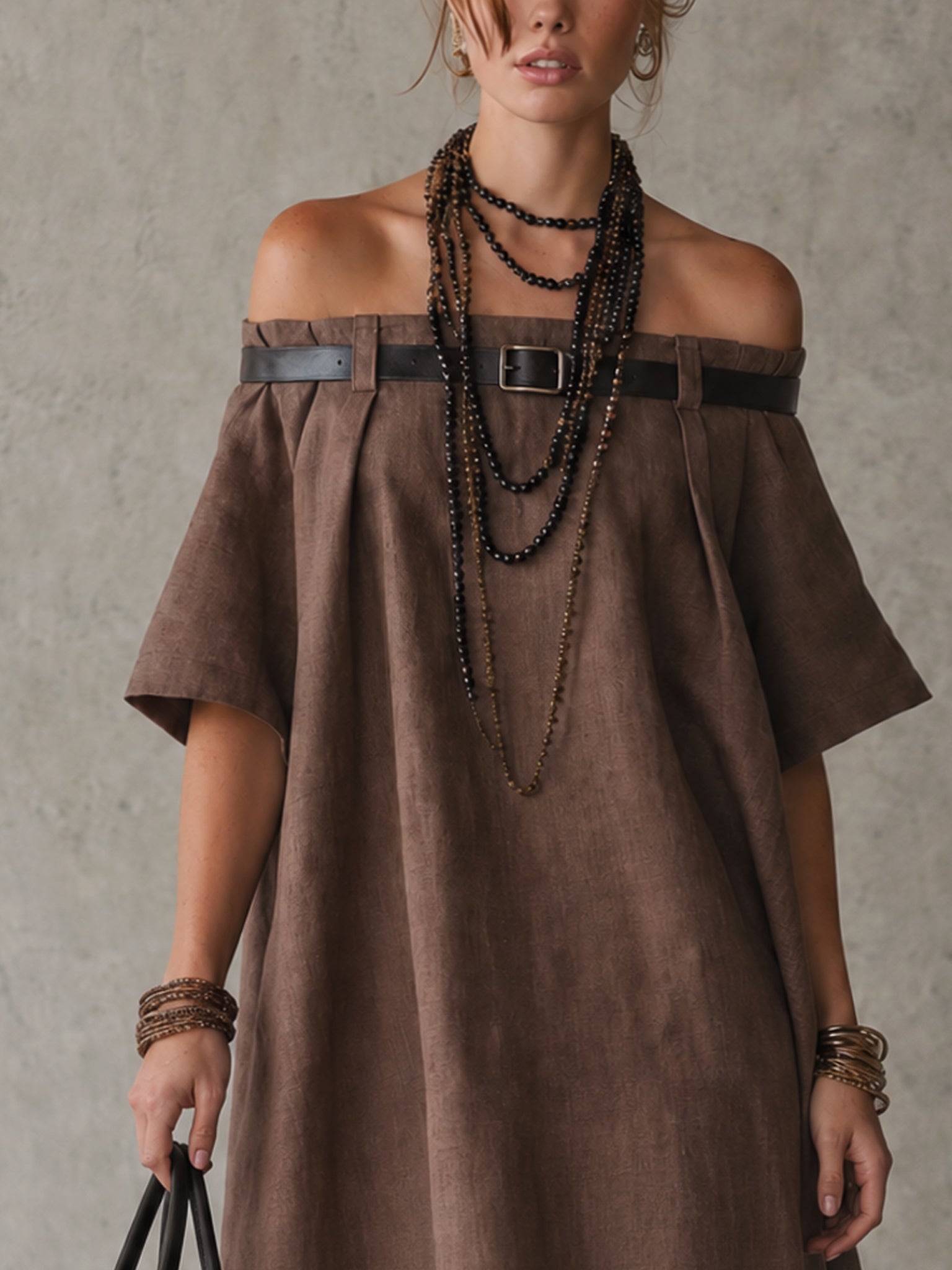 Brown Linen Blend Off Shoulder Mini Dress With Belt