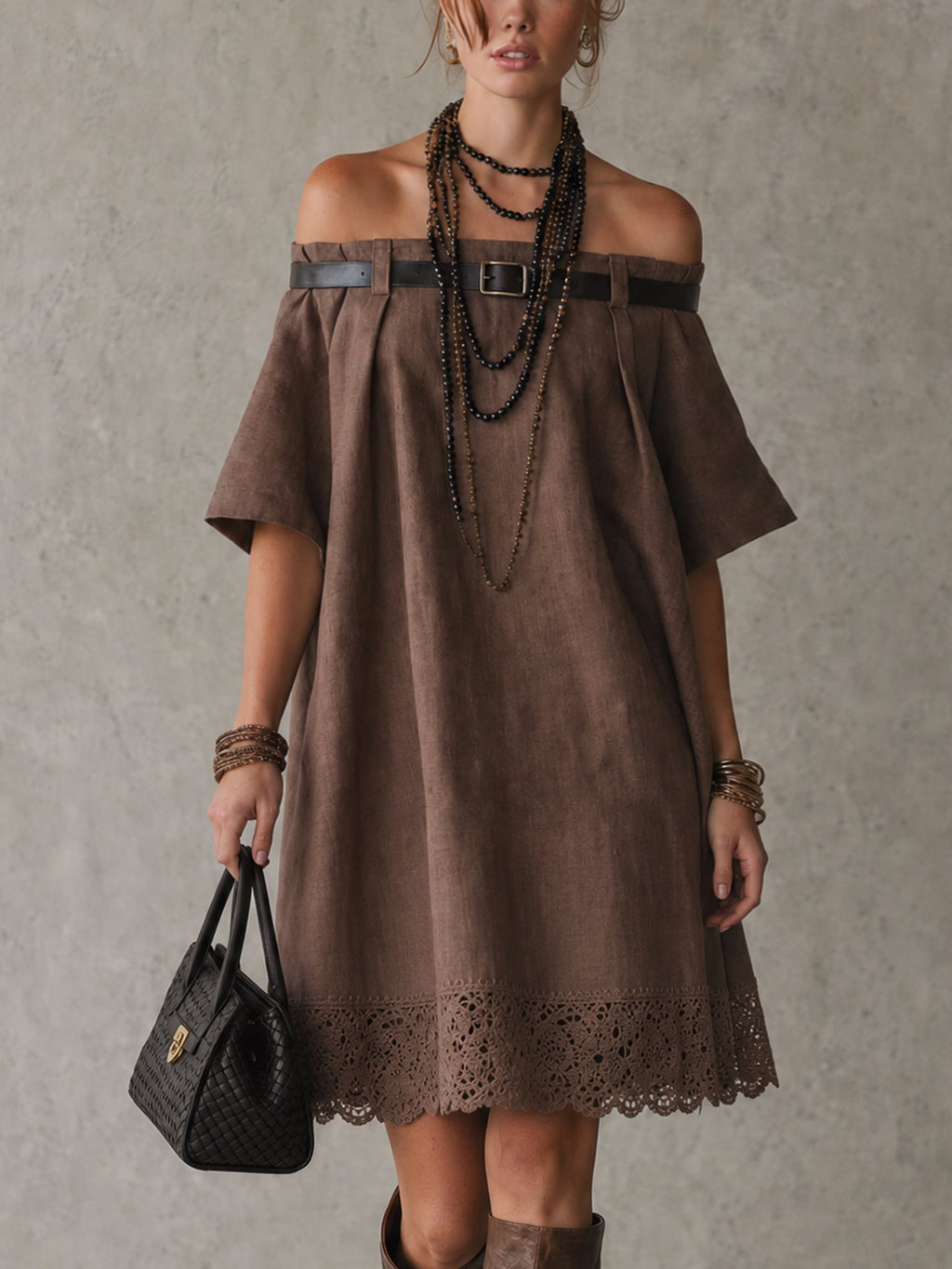Brown Linen Blend Off Shoulder Mini Dress With Belt