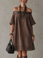 Brown Linen Blend Off Shoulder Mini Dress With Belt