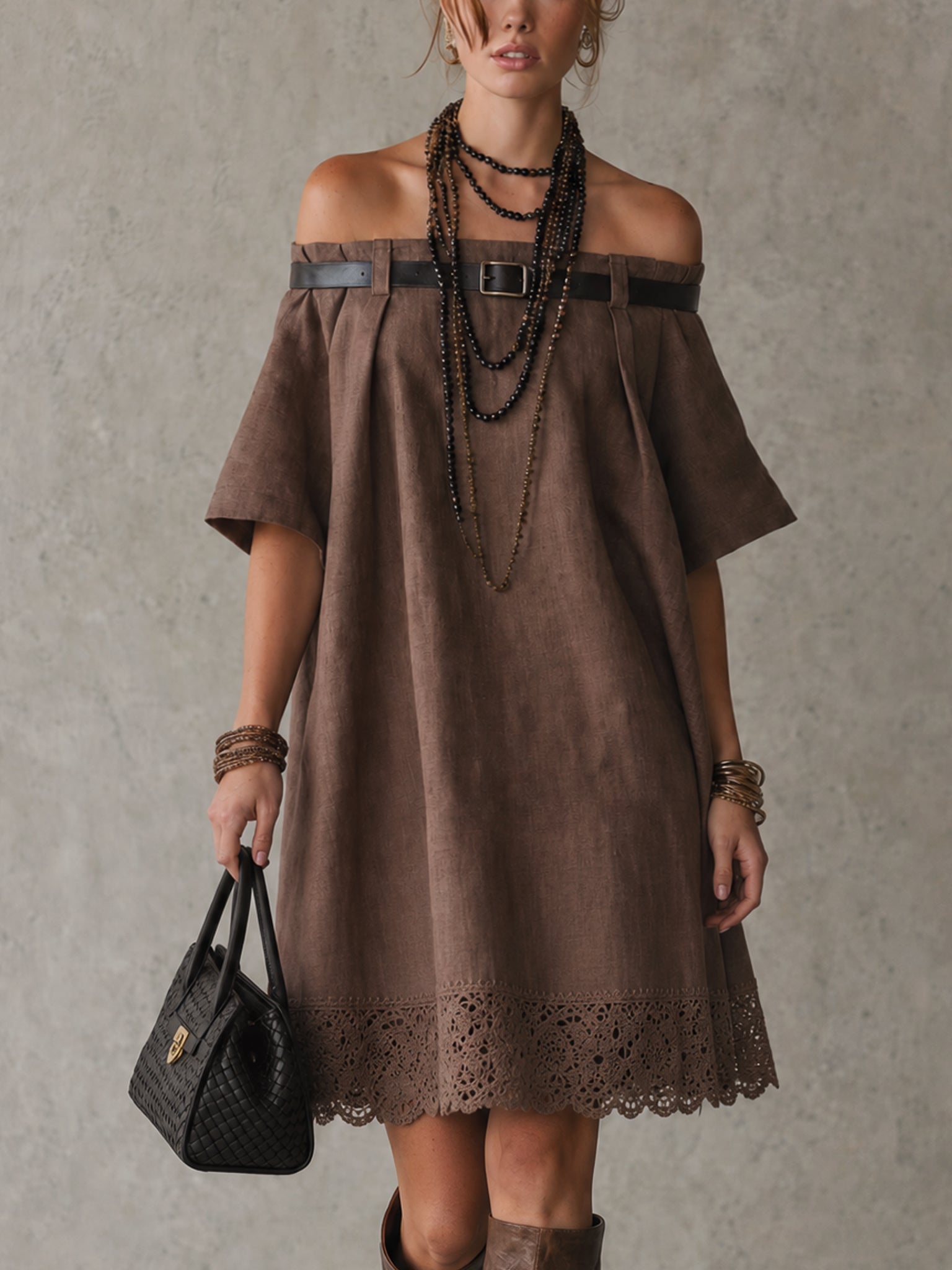 Brown Linen Blend Off Shoulder Mini Dress With Belt