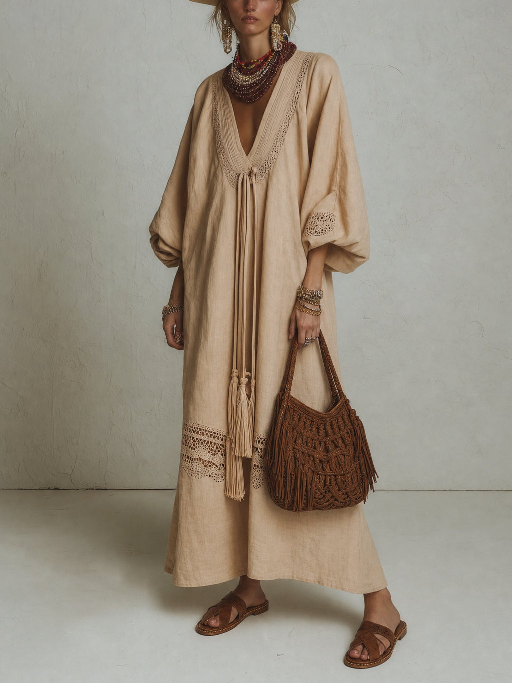 Light Khaki Linen Blend Lace Deep V Maxi Dress