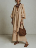 Light Khaki Linen Blend Lace Deep V Maxi Dress