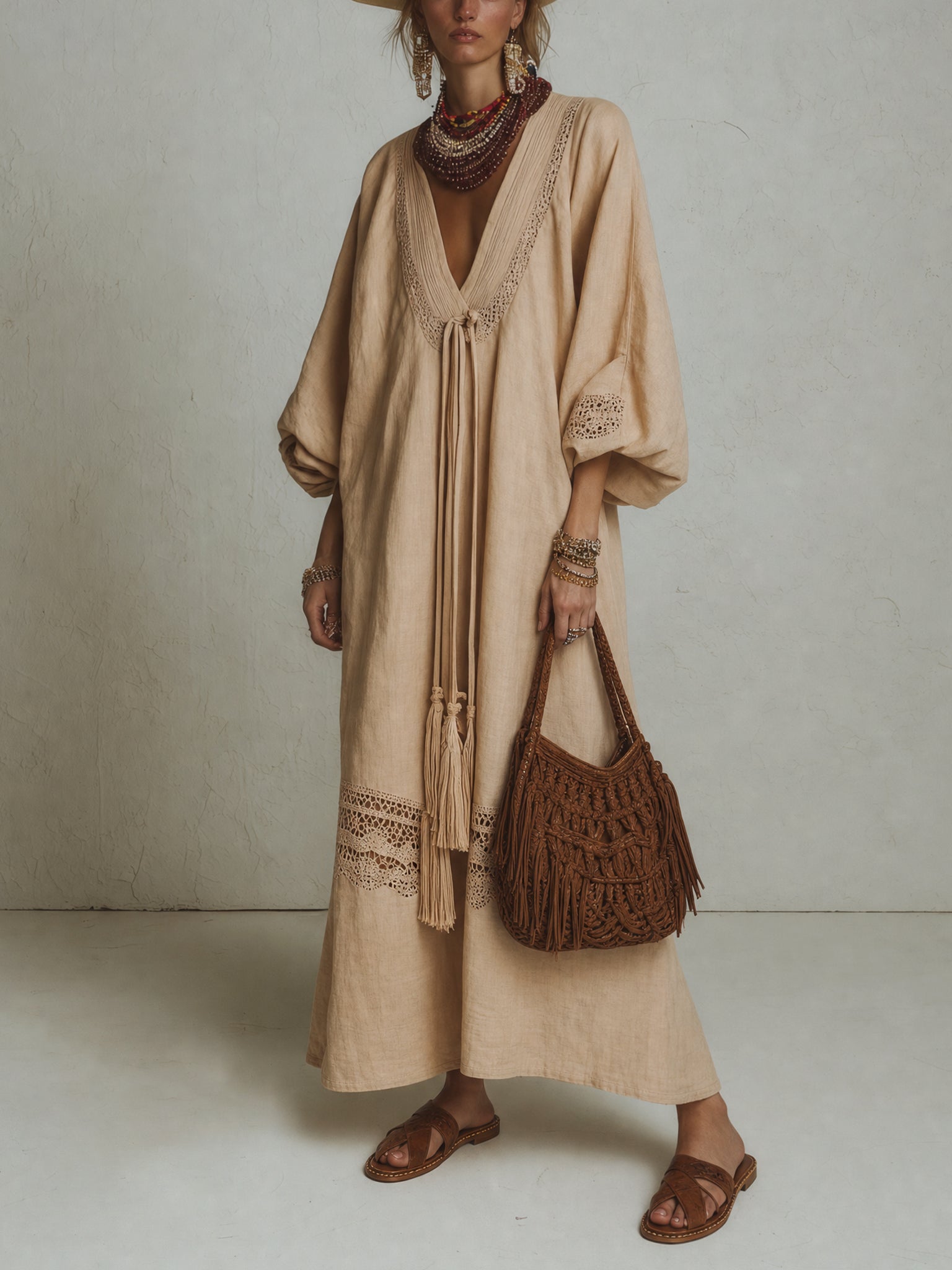 Light Khaki Linen Blend Lace Deep V Maxi Dress